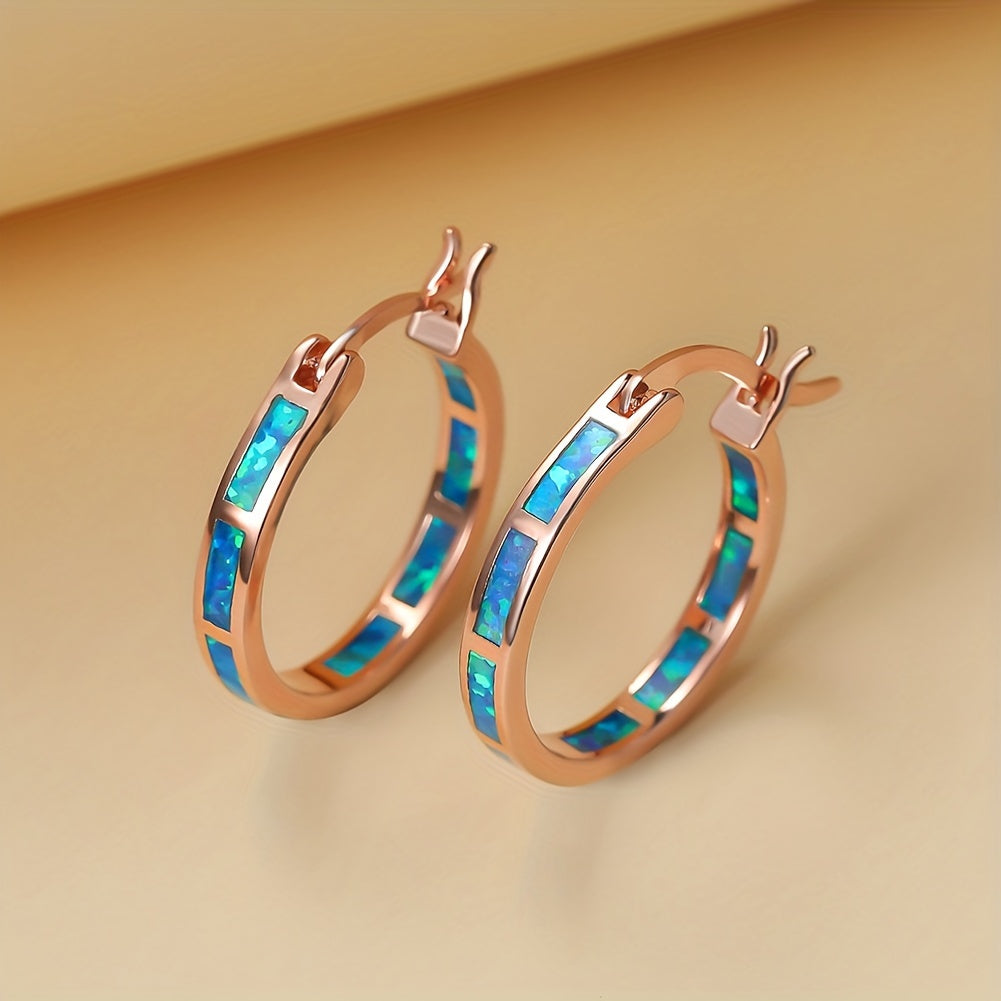 Boho Vintage Blue White Synthetic Opal Earrings | 14K Golden Plated Copper Hoop Earrings for Women, Suitable for Daily and Party Occasions