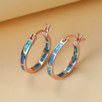 Boho Vintage Blue White Synthetic Opal Earrings | 14K Golden Plated Copper Hoop Earrings for Women, Suitable for Daily and Party Occasions