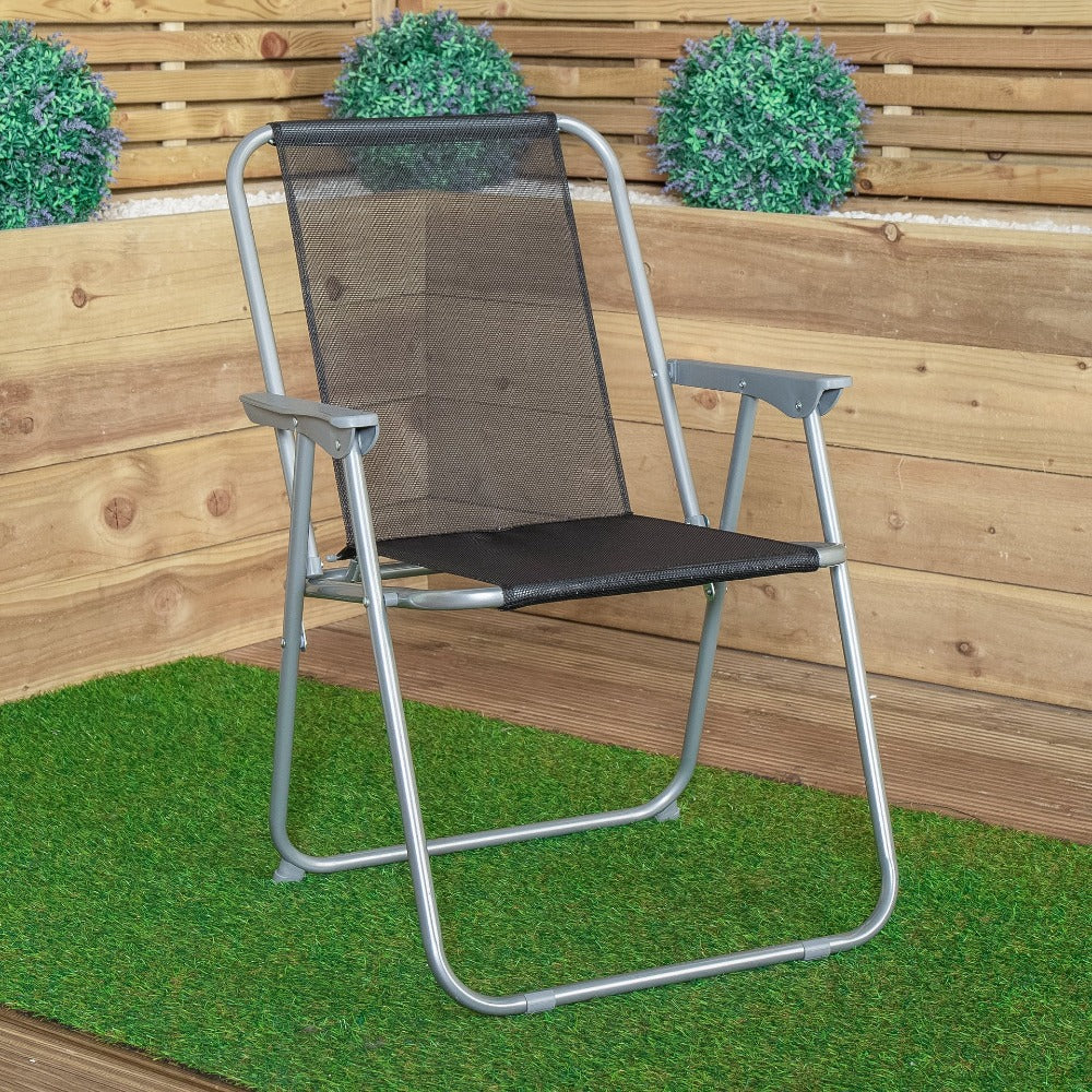 Pack of 2 Foldable Garden Chairs Powder-Coated Grey Metal Frame Black Fabric Seat Lightweight Portable Outdoor Folding Chair