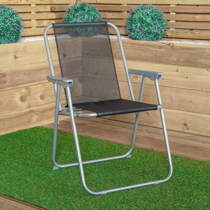 Pack of 2 Foldable Garden Chairs Powder-Coated Grey Metal Frame Black Fabric Seat Lightweight Portable Outdoor Folding Chair