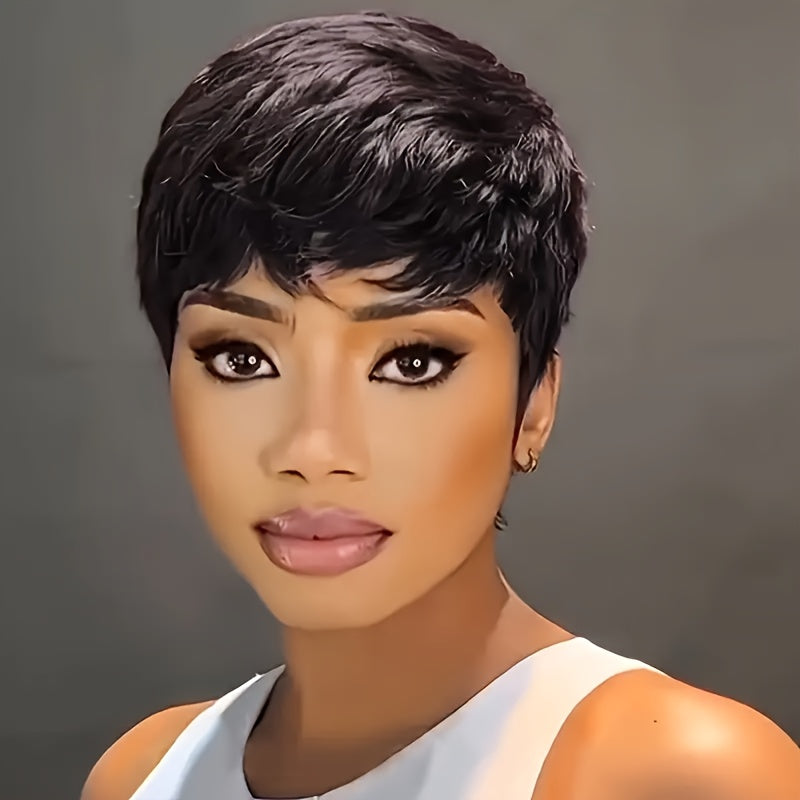 [Brazilian Wig] Brazilian Density Red 99J Burgundy/1B Color Human Hair Wig | 15.24 cm Pixie Cut Human Hair Wig with Bangs for Women Layered Wigs for Halloween Party And Comic Exhibitions