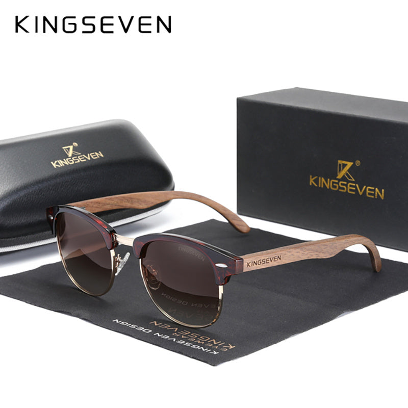 KINGSEVEN Black Walnut Wooden Handmade Semi-Rimless Retro Polarized Eyewear for Men Women