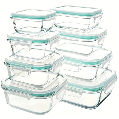 Glass Refrigerator Storage Box16pcs (8 Containers +8 LIDS), Food Storage Container, Crisper with Leak-proof Lock Lid - for Microwave, Lunch Box, Refrigerator, Party, Camping, Wedding - for Meals, Snacks, Fruits, Vegetables, Fitness Meals, Meat