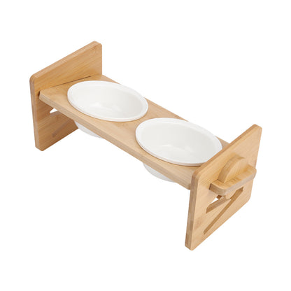Raised Cat Bowl, Cat Bowls with Stand Tilted 15°, Adjustable Elevated Ceramic Cat Food Bowl for Cats and Small Dog, Adjustable Dog Bowl Stand - Raised Bamboo Stand with One, Two, or Three Ceramic Bowls for Feeding Small,Medium Sized Dogs, Cats,and Pets -
