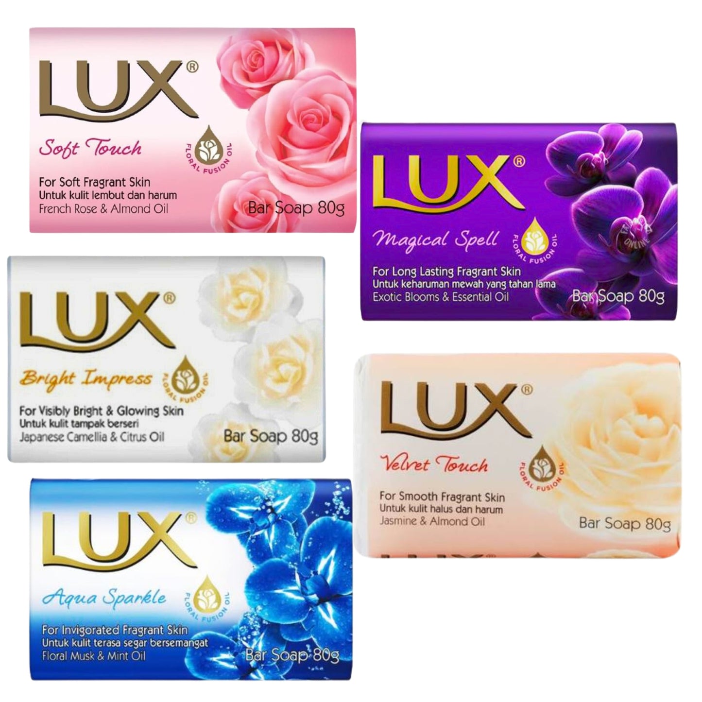 Lux Soap Bars Beauty Soap Collection - 5 Soap Bars (Soft Touch, Magical Spell, Bright Impress, Aqua Sparkle & Velvet Touch) 80g each