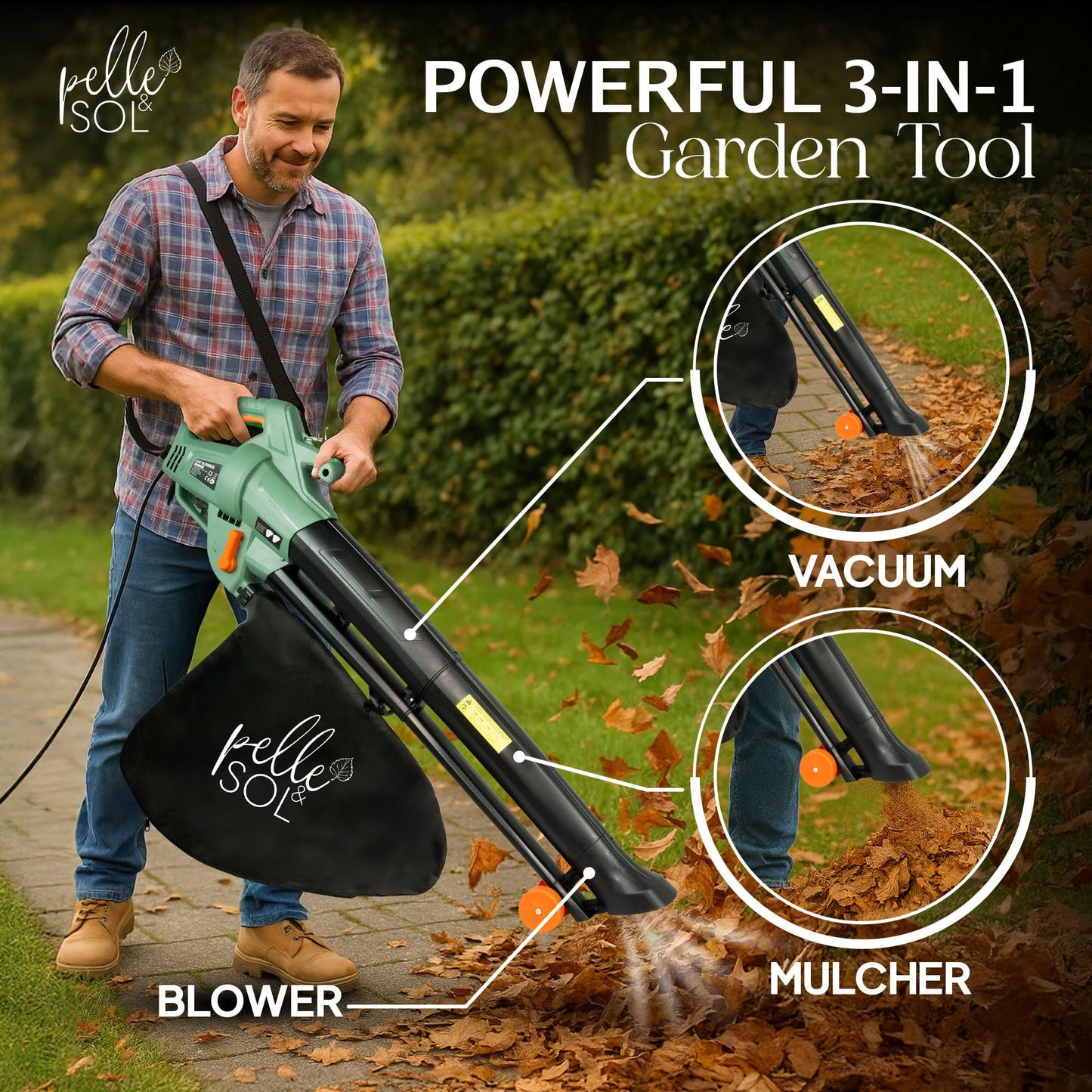 3300W Corded 3-in-1 Leaf Blower Vacuum Mulcher with 45L Bag, 12m Cable & Wheels for Garden Yard Patio