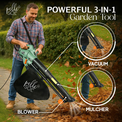 3300W Corded 3-in-1 Leaf Blower Vacuum Mulcher with 45L Bag, 12m Cable & Wheels for Garden Yard Patio