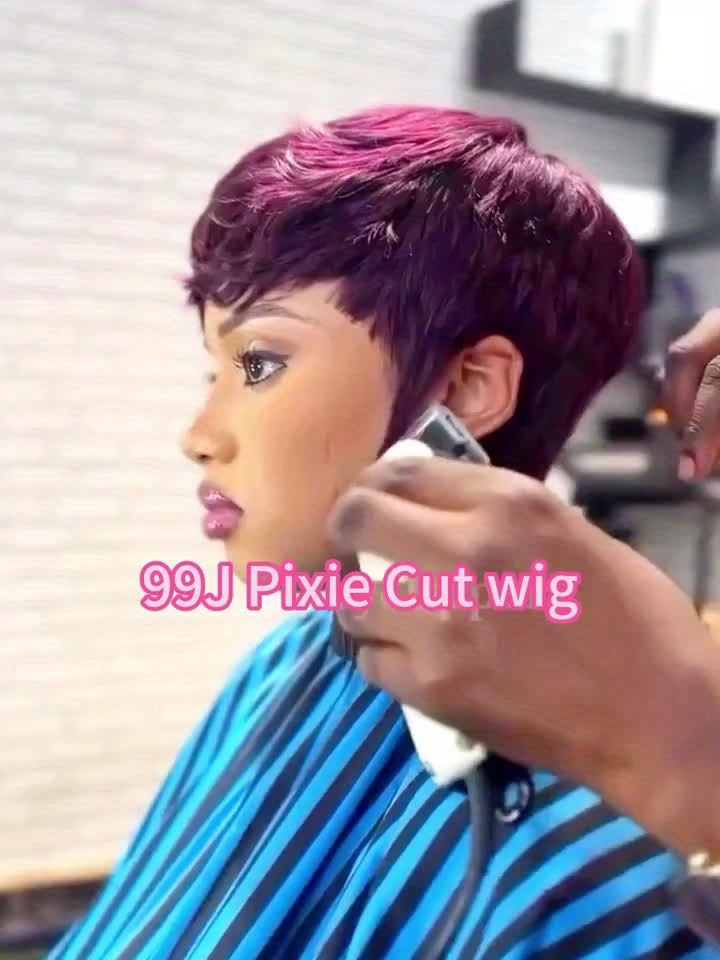 [Brazilian Wig] Brazilian Density Red 99J Burgundy/1B Color Human Hair Wig | 15.24 cm Pixie Cut Human Hair Wig with Bangs for Women Layered Wigs for Halloween Party And Comic Exhibitions