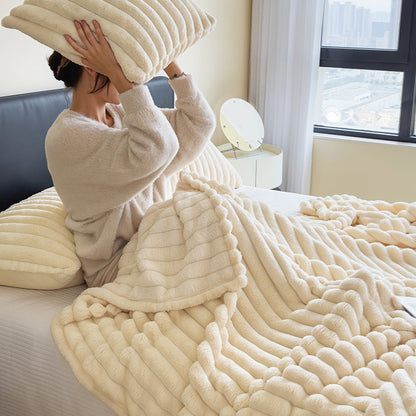1pc Large Strips Ribbed Throw Blankets | Luxurious 270g Flannel Fleece Blanket | Warm Cozy Blanket Throws For Sofas, Bed, Chair, Couch, Settee | Super Soft Warm Blanket Single Double King Super King Size, Machine Washable, Easy Care, Perfect for Home, Tra