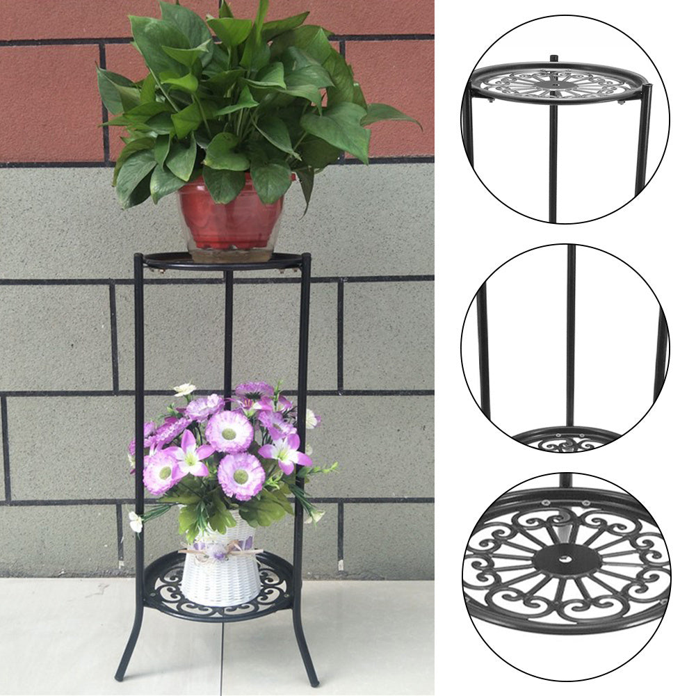 1PC Black Balcony Flowerpot Rack, 2-story Metal Plant Display Rack, Circular Storage Rack for Office and Living Room, Size 23*23*56cm