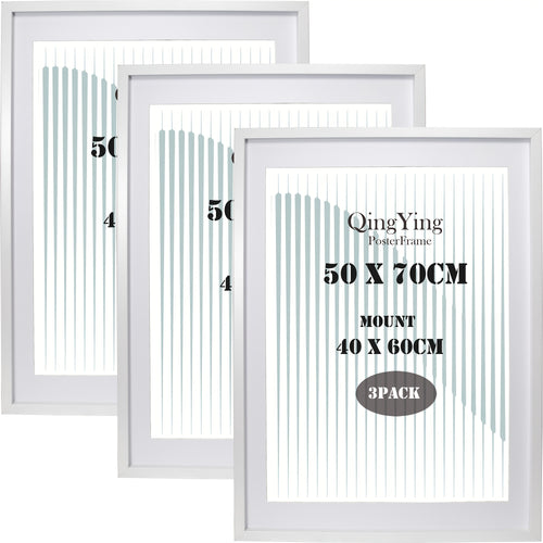 Gallery Poster 50x70cm Boxed Picture Frames Set Of 3 Wooden Effect Box Frame with Mat for 40x60cm, 70X50cm Poster Frame with Acid Free Mount for 40x60cm Photo 3PK