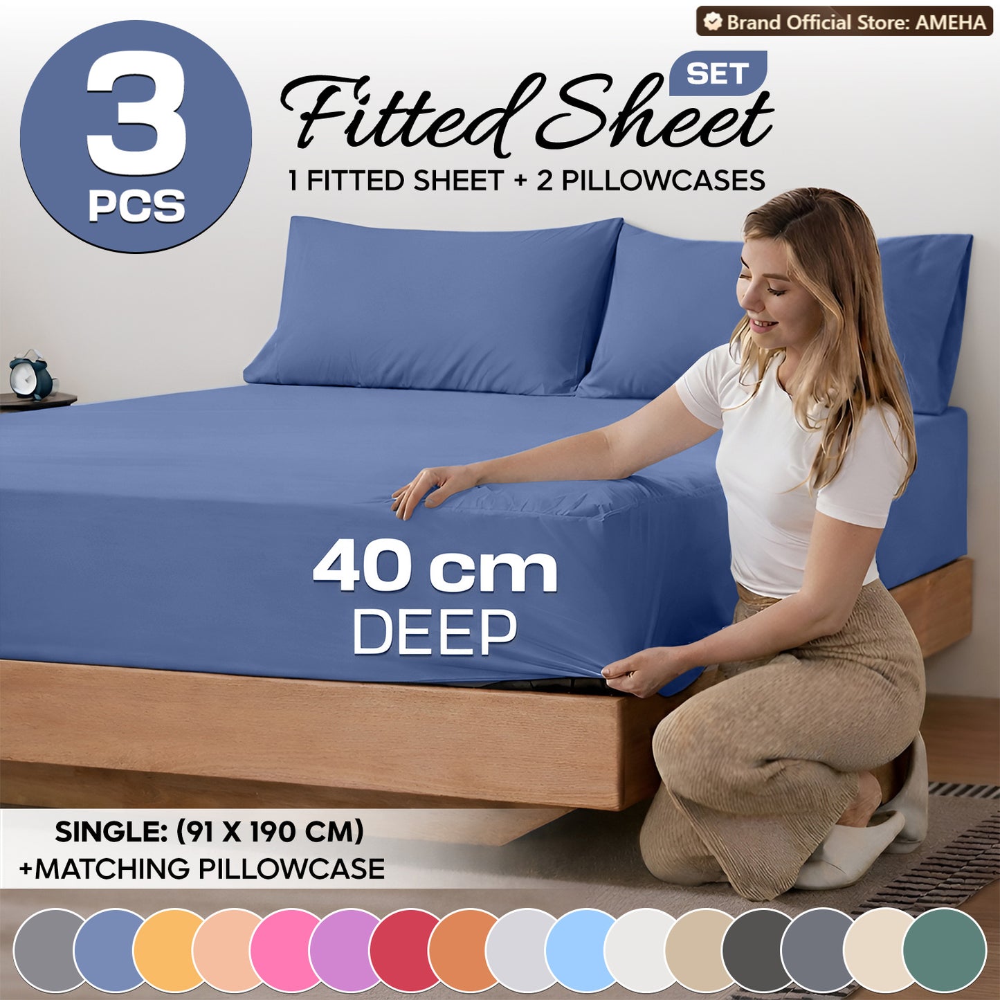 3pcs 40cm Extra Deep Fitted Sheet – Solid Color Soft & Comfortable Bed Sheet with 2pcs Matching Pillowcases, Breathable Fabric Soft Brushed Microfiber Bedding, Machine Washable for Home Bedroom, Hotel