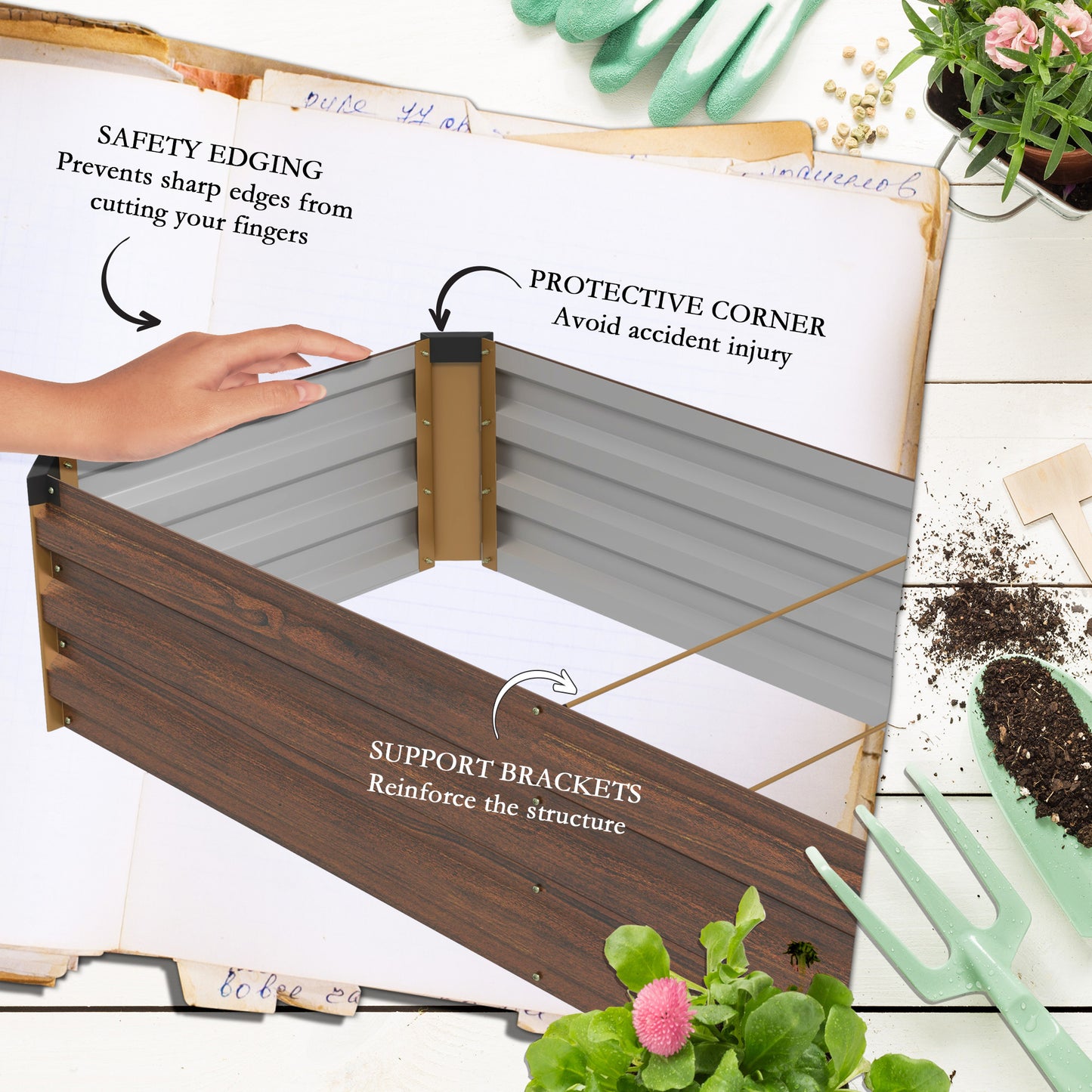 Galvanised Raised Bed for Garden, Rectangular Outdoor Elevated Planter Box with Safety Edging and Open Bottom for Growing Flowers, Herbs and Vegetables, 240 x 60cm, Grey