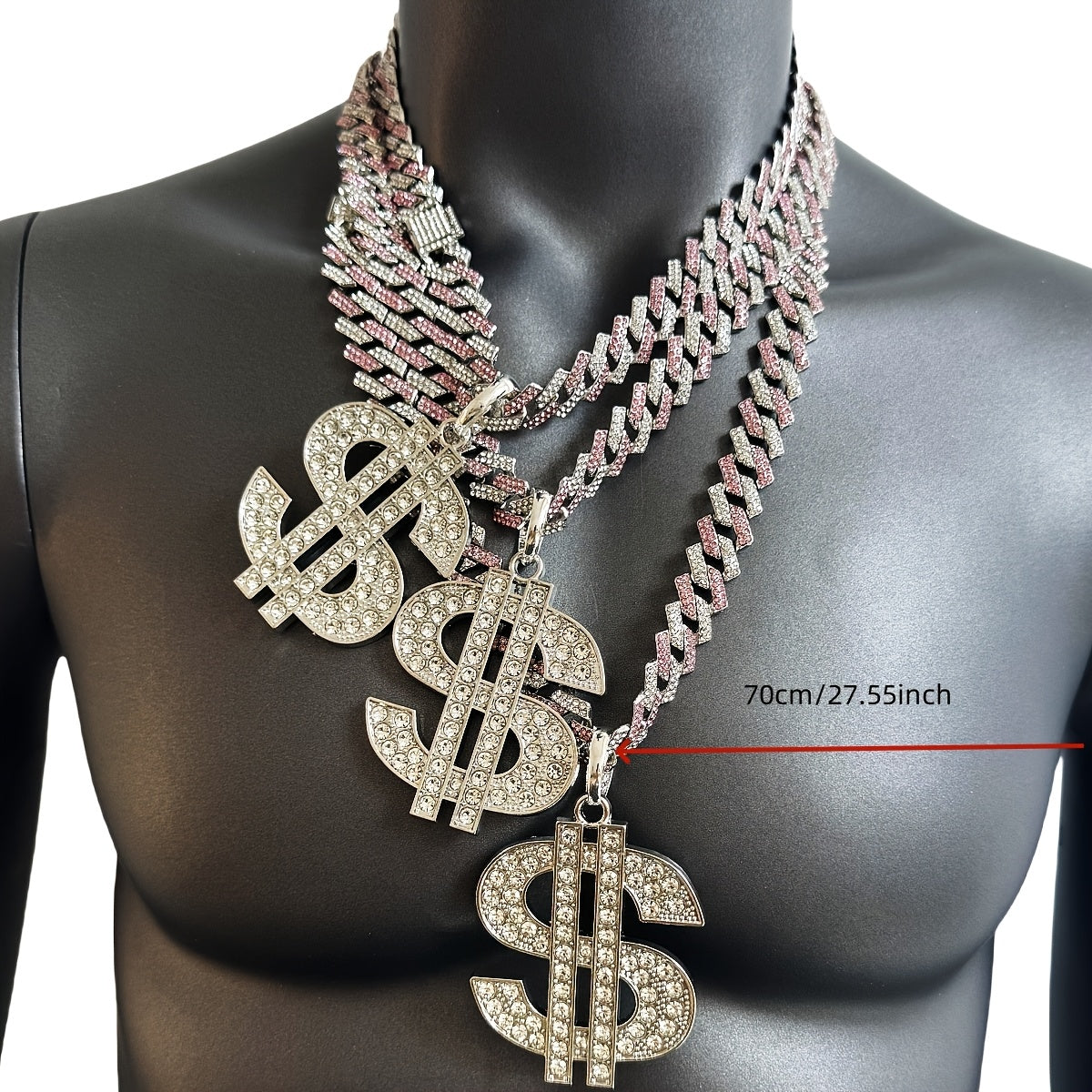 Large and Heavy US Dollar Symbol Pendant,  18K Gold Plated Alloy 18K Gold Plated-plated Cuban Chain Necklace with 12mm Full, Men's Hip-hop Style Ring Combination