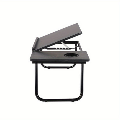 [Cozy Comfort] 73*40cm Versatile Folding Laptop Desk with Cup Holder - 5-Level Adjustable Tilt, Portable & Sturdy Wooden Frame, Ideal for Reading, Studying & Serving Breakfast in Bed - Available in Black, Walnut, Natural, Pink