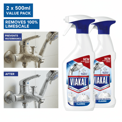 VIAKAL CLASSIC Limescale Remover Spray, 2 x 500ml, Multi-Surface Bathroom and Kitchen Cleaner, Helps Remove Limescale and Watermarks