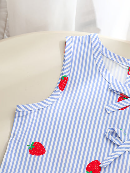 A Two-Piece Set. A Tank Top And Shorts Outfit Featuring Strawberry Prints, Striped Patterns, Bow Decorations, And a Ruffled Hem Design. This Is a Casual Summer Outfit for Girls. It Makes a Great Gift for Girls' Clothing. Suitable for Outdoor Wear