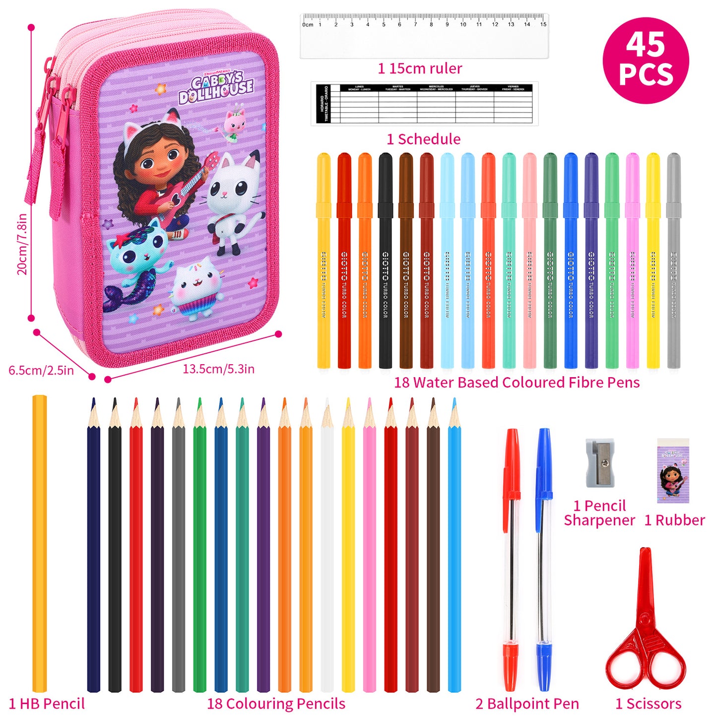 Gabby's Dollhouse 3 Tier Large Pencil Case Multi Compartment School Supplies Stationery Colouring Pens Pencils Sets