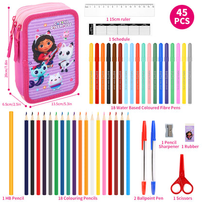 Gabby's Dollhouse 3 Tier Large Pencil Case Multi Compartment School Supplies Stationery Colouring Pens Pencils Sets
