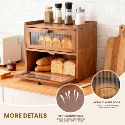 Double Layer Bread Box for Kitchen Counter, 2 Decker Large Wooden Bread Bin, Corner Bread Storage Container with Acrylic Windows, Dry Food Container with Air Vents to Keep Fresh, Self Assembly