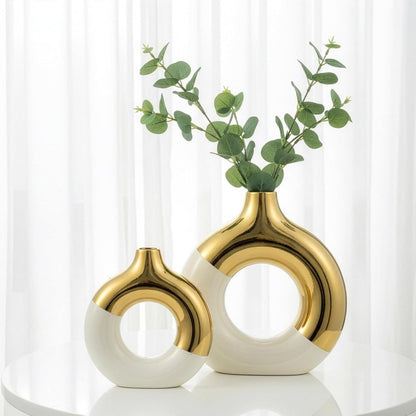 Ceramic Donut Vase Set 2pcs Gold White Glazed Bohemian Table Decor for Living Room & Wedding Centerpiece