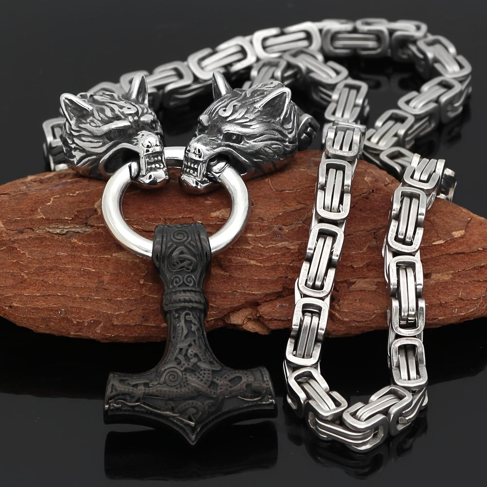Stainless Steel Wolf Head Pendant Viking Vintage Amulet Necklace