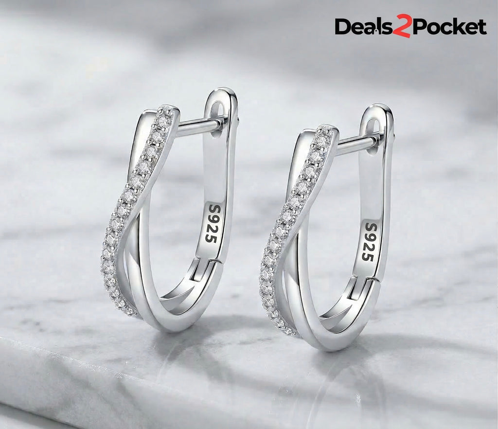 Sterling Silver Twisted Zircon Hoop Earrings