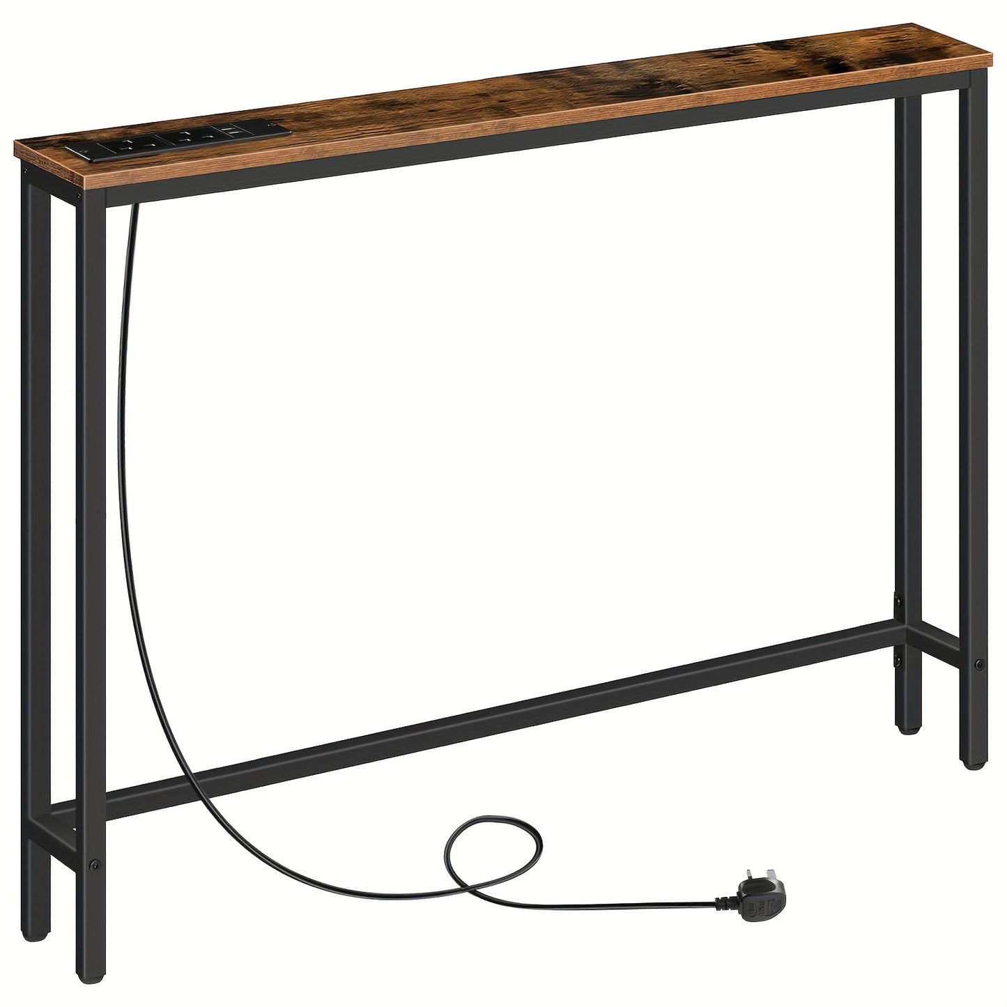 Narrow Console Table Featuring a Charging Station, Hallway Table Equipped with USB Ports And Power Outlets, 100 Cm in Length, Ideal for Small Areas, Rustic Brown End