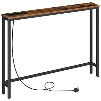 Narrow Console Table Featuring a Charging Station, Hallway Table Equipped with USB Ports And Power Outlets, 100 Cm in Length, Ideal for Small Areas, Rustic Brown End