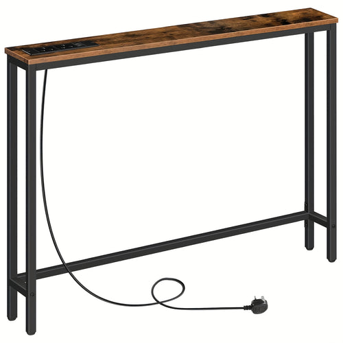 Narrow Console Table Featuring a Charging Station, Hallway Table Equipped with USB Ports And Power Outlets, 100 Cm in Length, Ideal for Small Areas, Rustic Brown End