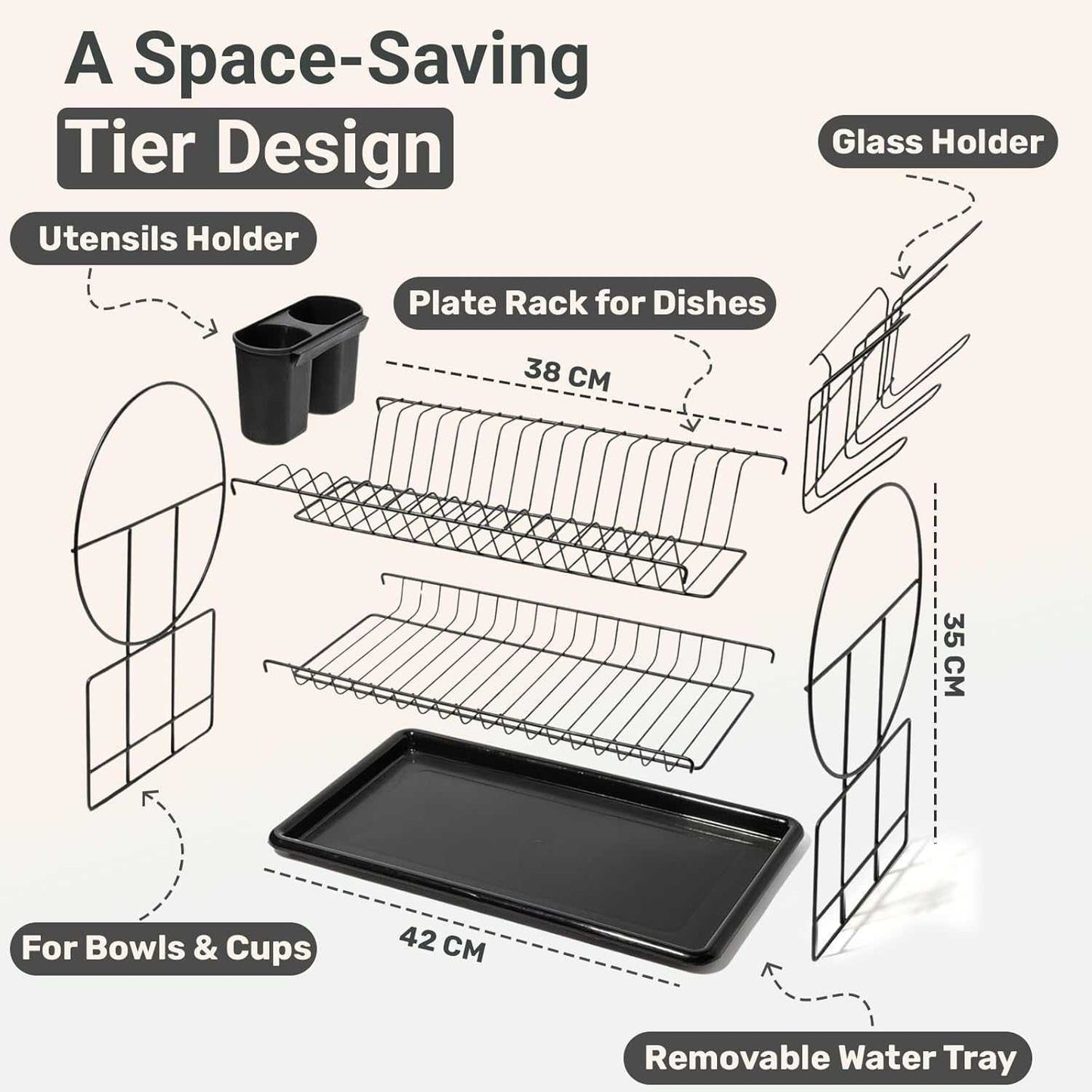 AEX 2 Tier Dish Drainer Rack – Stainless Steel Kitchen Counter Dish Drying Rack with Drip Tray, Cutlery Holder and Cup Holder