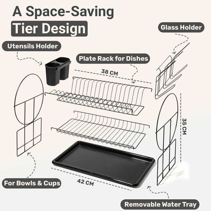 AEX 2 Tier Dish Drainer Rack – Stainless Steel Kitchen Counter Dish Drying Rack with Drip Tray, Cutlery Holder and Cup Holder
