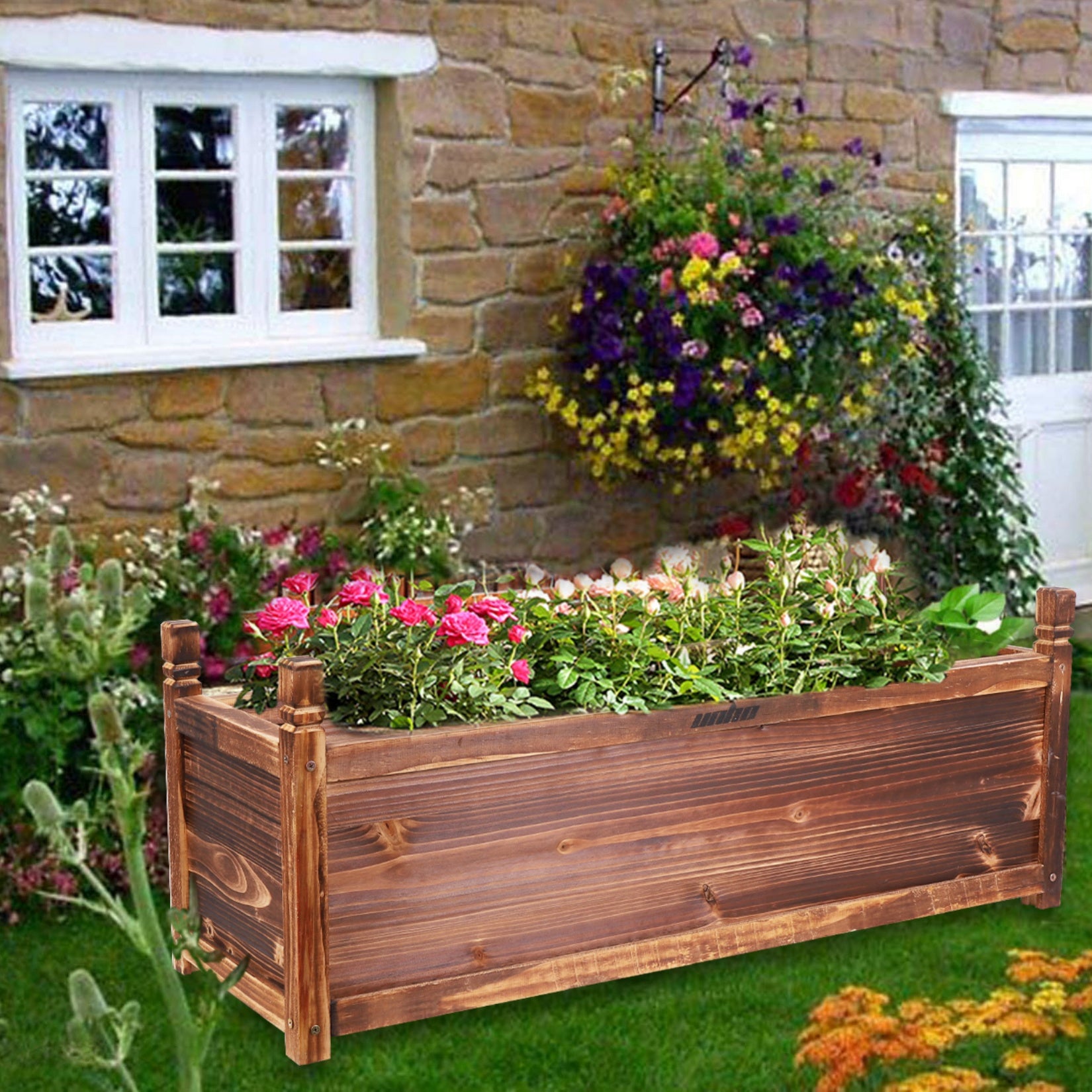 Carbonised Pine Wood Raised Planter Box Rectangular – Indoor & Outdoor Wooden Vegetable Flower Bed for Garden, Patio & Yard | S 30cm, M 60cm, L 90cm