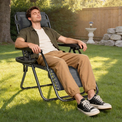 2pcs Zero Gravity Chairs, Fabric Foldable Patio Chairs Outdoor, Lounge Camping Chairs with Padded Pillow, Armrest, Footrest and Cup Holder - Textilene Fabric