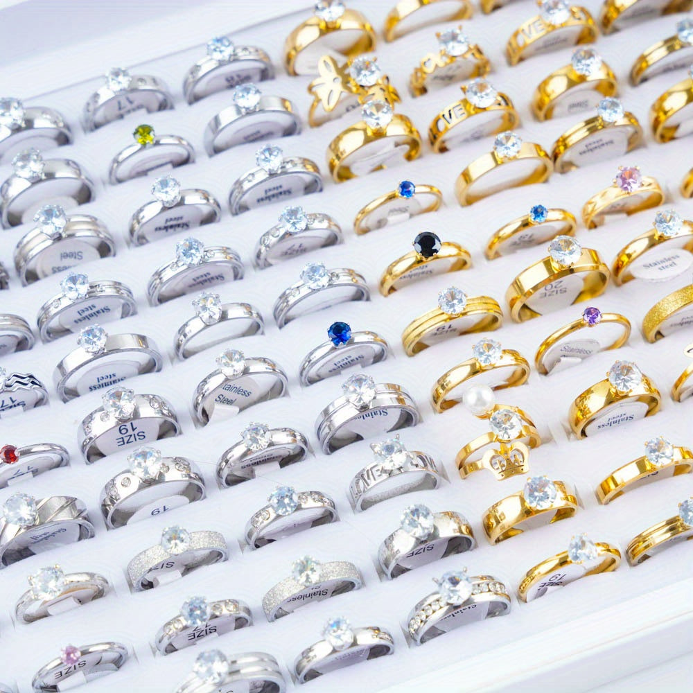 20 Fashionable Classic Rhinestone Stainless Steel Rings for Women and Men, Simple Shiny Colorful Finger Jewelry, Wedding Party Gift