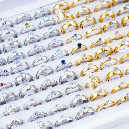 20 Fashionable Classic Rhinestone Stainless Steel Rings for Women and Men, Simple Shiny Colorful Finger Jewelry, Wedding Party Gift