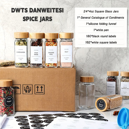 15/24pcs Spice Jars with Label Paper And Lid, 4oz, Spice Empty Bottles with Collapsible Funnel, Glass Condiment Containers, Storage Jars, Commercial Restaurant Kitchen Accessories, Kitchen Condiment Jars