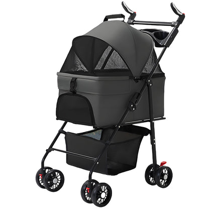 Lightweight Foldable Pet Stroller for Cats & Small Dogs - All-Terrain Oxford Fabric Carrier with Ventilation Mesh, Ergonomic Handlebar & Storage Basket - Portable Travel Stroller for Vet Visits, Shopping, Outdoor Walks, Mesh Canopy Visibility, Ventilated