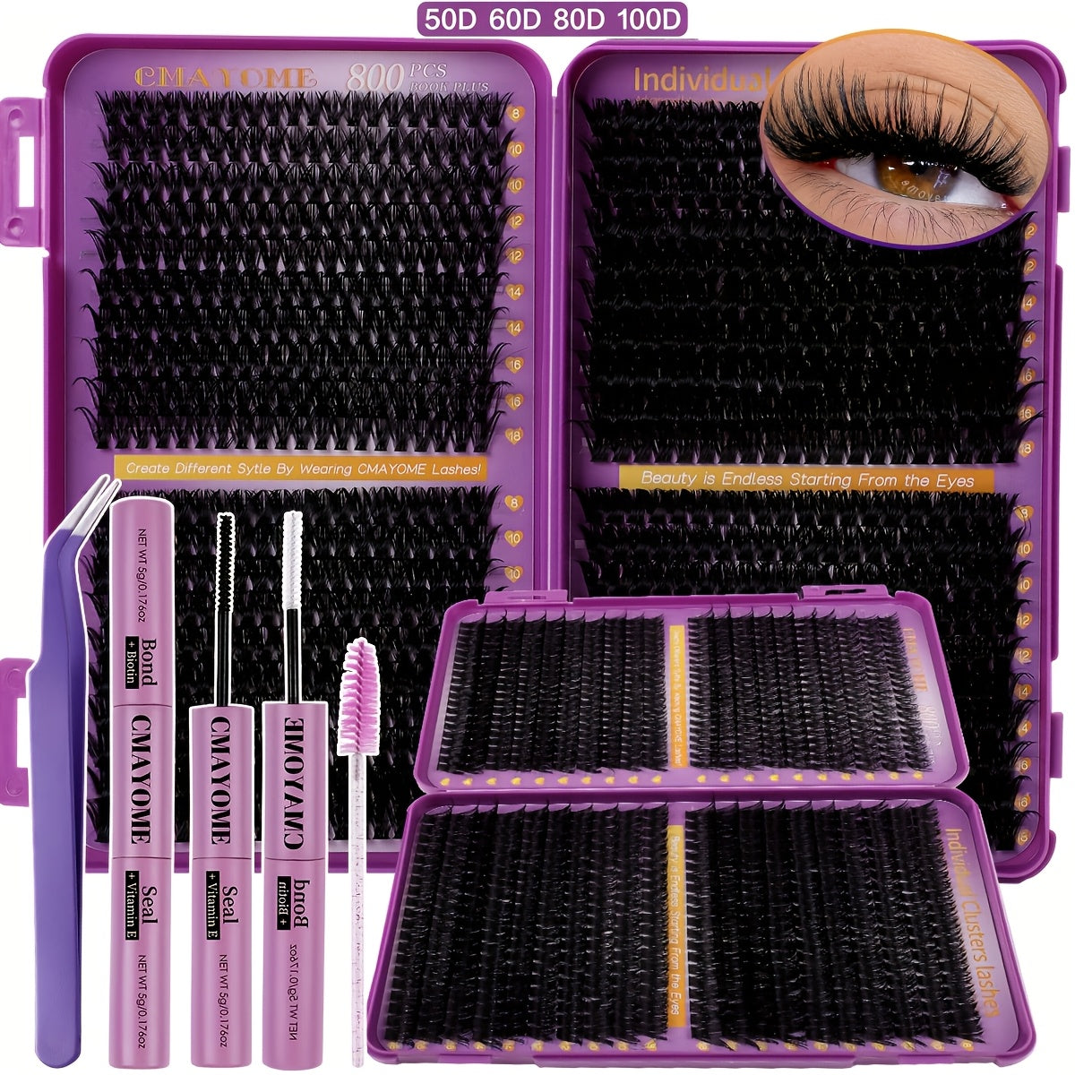 621/800pcs D Curl Individual Eyelash Clusters with Bond And Seal, Tweezers, Brush Set Beginner Friendly, High Capacity Eyelash Book Suit for Different Makeup Beauty, Long Lasting Dense False Eyelashes, Gift for Women Lash Clusters Kit