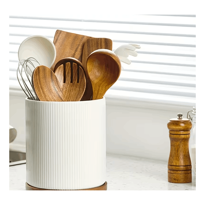 360° Rotating Ceramic Kitchen Organizer with Detachable Bamboo Base – Space-Saving Utensil Holder for Countertops, Perfect for Cooking Tools, Flower Vases, and Whisky Glasses, Kitchen Accessories