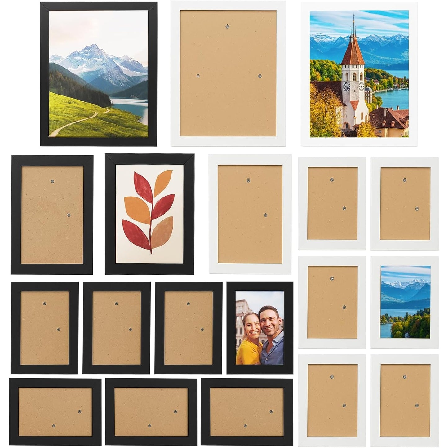 19 Pcs Wooden Photo Frame Set, Multi Size Picture Frames with Stand & Wall Hooks, Tabletop or Wall Mounted Display