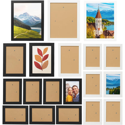 19 Pcs Wooden Photo Frame Set, Multi Size Picture Frames with Stand & Wall Hooks, Tabletop or Wall Mounted Display