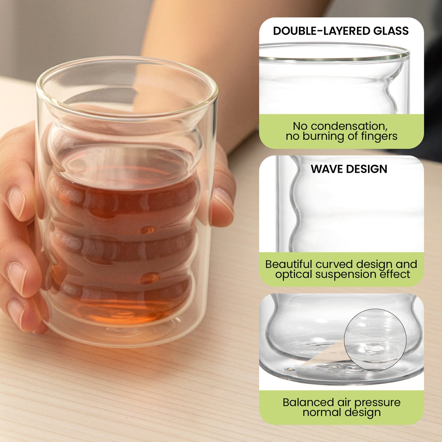 6pcs - 350ml, Latte Mocha, Double-Wall Heat-Resistant Glass Cappuccino, Latte, Tea, Coffee, Milk, Juice, Beer, Dual-Layer No-Handle Glass Cup with Built-In Spiral Lid, Perfect for Hot Beverages, Beverage Glassware, Sophisticated Drinkware, Heatresistant G