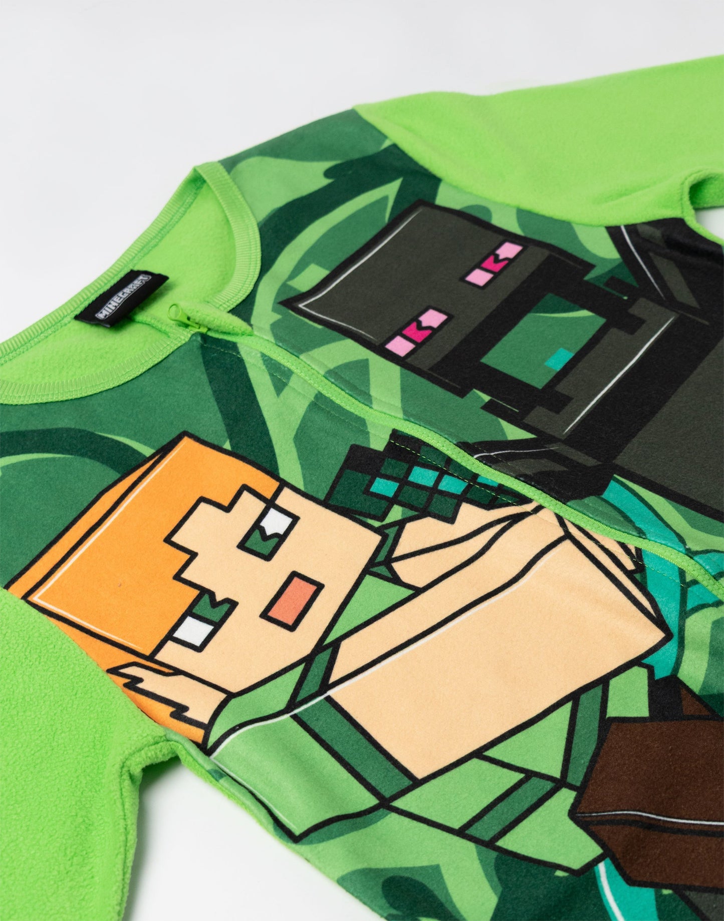 Minecraft Creeper Boys Green Zip-Up Onesie | Long Sleeve Microfleece Sleepwear with Steve & Enderman Print | Kids Gamer Nightwear | Ideal for Bedtime & Lounging | Minecraft Merch - 13-14 Years