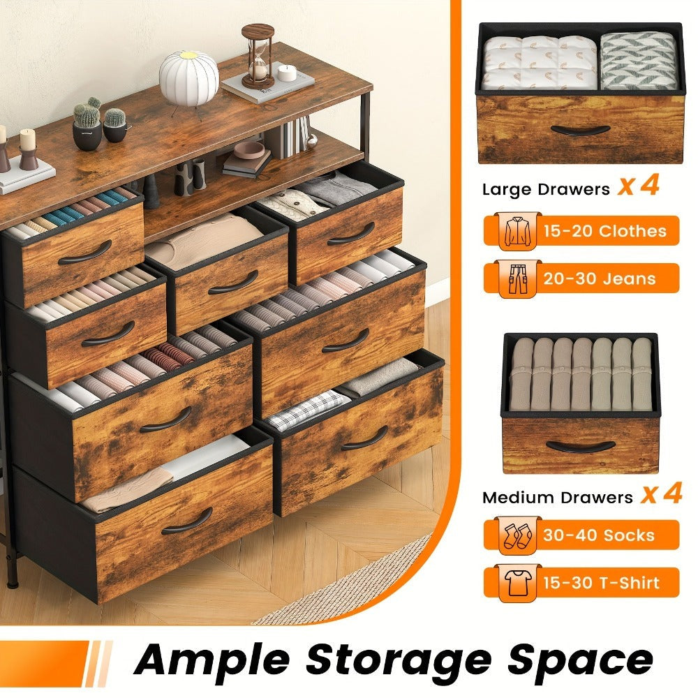 8 Drawer Chest of Drawers with Fabric Fronts & Wooden Top – Large Storage Dresser Organiser Unit for Bedroom & Living Room