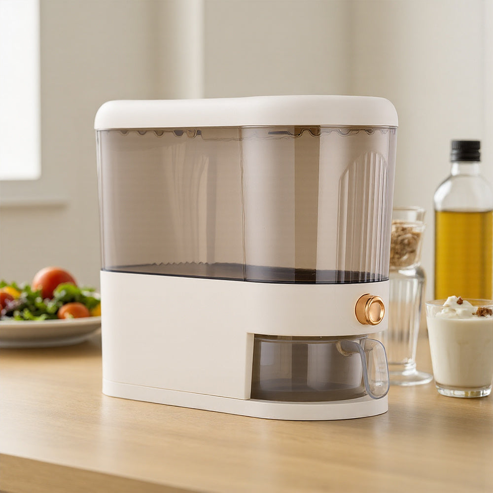 5/ 10KG Rice Dispenser, Rice Containers Storage with Measuring Cup Household Cereal Dispenser Bucket for Rice, Flour, Salt, Oat, Cereals, Cream White