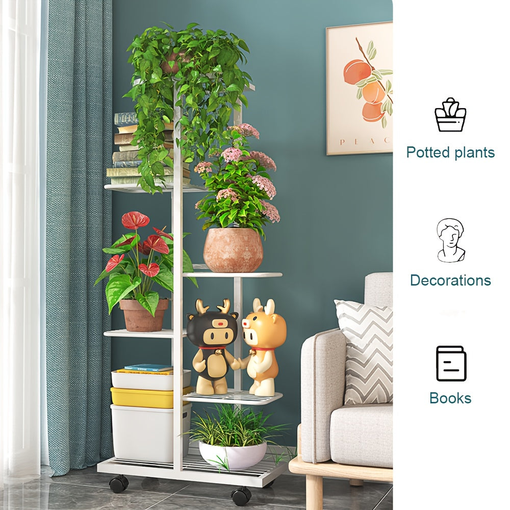 6-Tier Metal Flower Stand Multipurpose Tiered Shelf Indoor & Outdoor Use Space-Saving Gift Display, Durable Multi-Purpose Storage Rack with Sliding Wheels- for Living Room, Plant Room, Garden, Balcony, Entrance