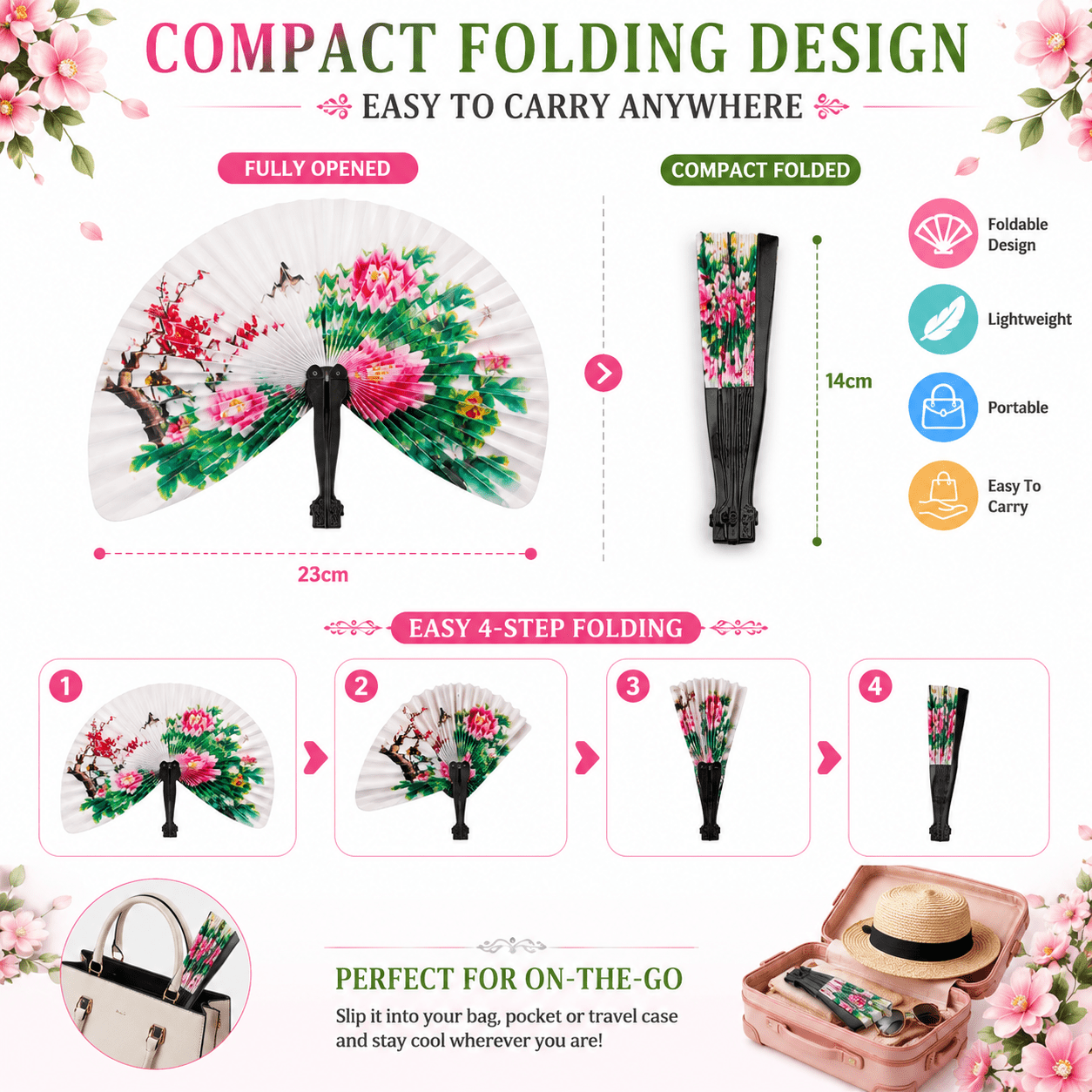 24 Folding Fans - Compact Foldable Fans Assorted Designs with Floral and Bird Patterns, Ideal as Gifts and Decorations, Paper Fans