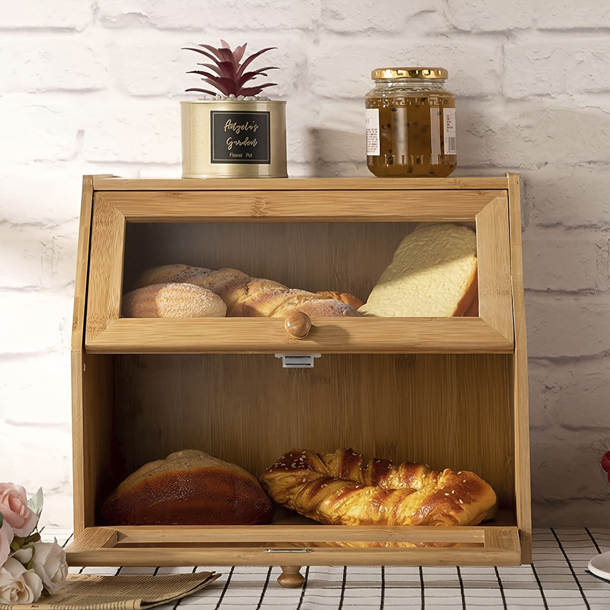 1pc Bamboo Double-Layer Bread Bins Household Kitchen Food Storage Box Organizer