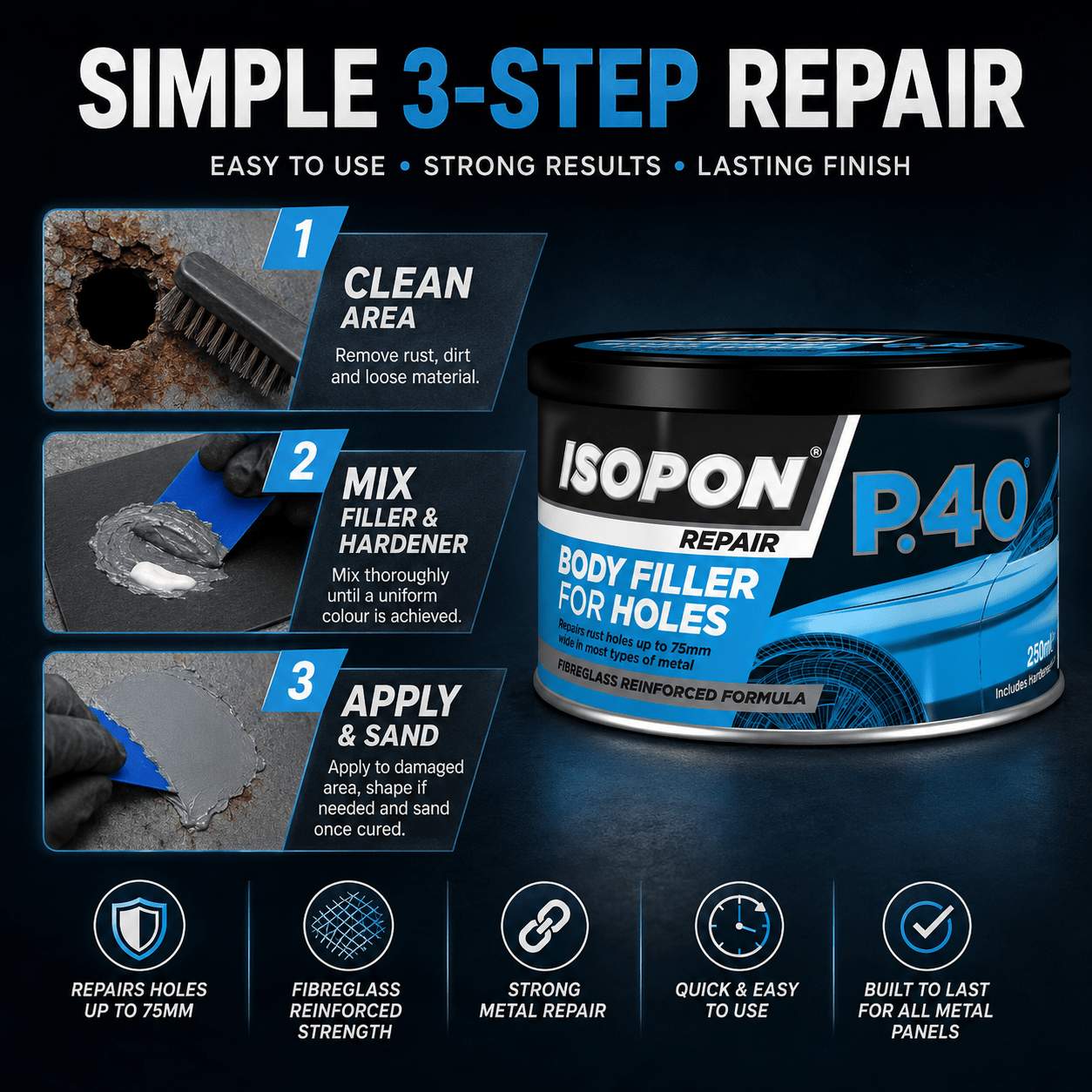 UPOL ISOPON P38 Easy Sand Body Filler Paste 250ml | Two Part Polyester Car Repair Kit for Dents, Scratches, Holes | Paintable Smooth Finish | Metal & GRP Compatible